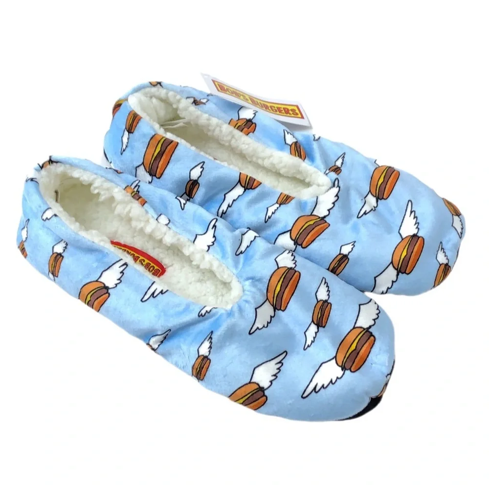 Bob’s Burgers Blue White Sherpa Flying Hamburger Slipper Socks With Traction